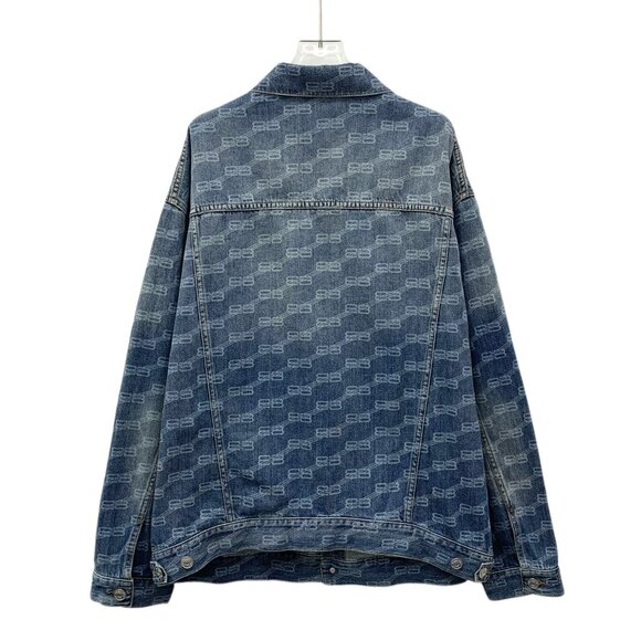 Balenciaga S Blue Logo Printed Washed Denim Jacket Unifit Cotton Single-Breasted - Picture 7 of 7